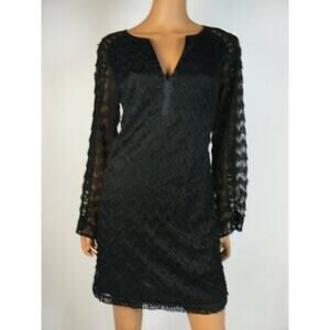 $300 Nanette Lepore Black Eyelash Lace Long Sleeve Shift Dress M 8 10 NEW N326